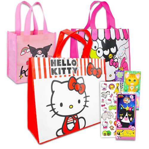Hello Kitty Tote Bag Set for Girls - Accessories Bundle with 3 Sanrio Reusable Grocery Bags with Stickers, More | Hello Kitty Tote Bag Set