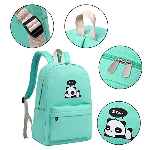 e-youth 3Pcs Cute Panda Backpacks Set for Teenage Girls Boys Lightweight Casual Canvas School Backpack (Green)2