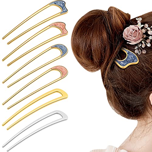 Canlierr 6 Pieces Simple Metal U Shaped Hair Pin French Style Hairpins Fork Sticks 2 Prong Updo Chignon Pins Hair Accessories for Long Hair Women Girls (Pink, Blue, Gold, Silver)