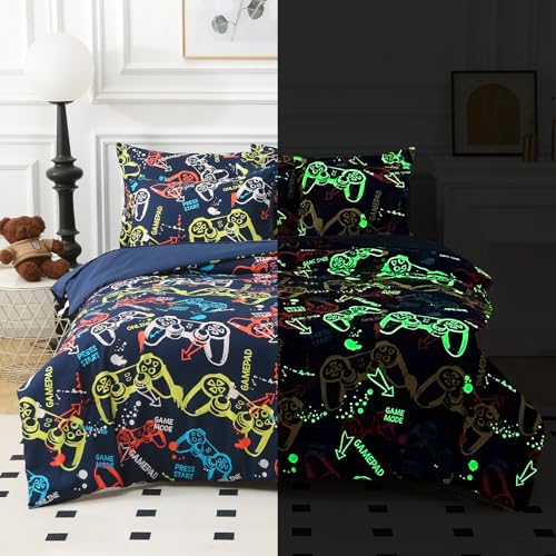 Aqzuxira Glow in The Dark Kids Comforter Set 4 Pieces Gamepad Pattern Bedding Set Full Size for Boys Girls Teen 1 Comforter 1 Pillowcase 2 Pillow Shams