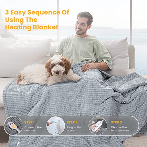 Electric Heated Throw Blanket, Machine Washable Flannel Sherpa Throw Blanket For Couch & Bed, Soft Ribbed Fast Heating Electric Blanket With 5 Heating Levels, 50"X60", Grey #TOP6