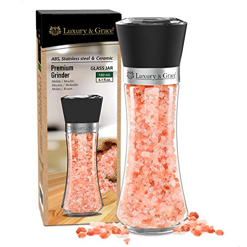 LG Luxury & Grace Pfeffer-, Salz- und Gewürzmühle, 180 ml (19x6,5 cm). Hochwertiges Glas, ABS Kunststoffverschluss und Verstellbare Keramikmahlwerk. Elegantes, Leichtes und Ergonomisches Design Cover