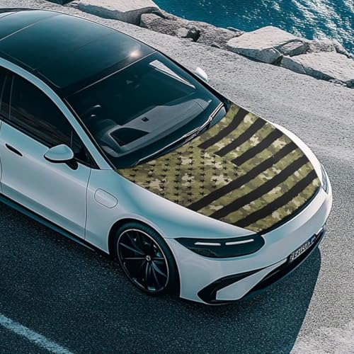 Image of American Flag Green Camo Car Hood Cover Stretchable Car Hood Protector Waterproof Sun Proof 4th of July Patriotic Decorations Easy Installation for Most Sedans SUV Trucks Pickup