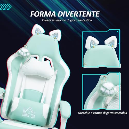 Sedia Gaming Ergonomica con Orecchie da Gatto, Poltrona Gaming Ufficio Reclinabile in Finta Pelle con Poggiapiedi, Poggiatesta e Altezza Regolabile, Supporto Lombare e Cervicale, Blu - Sedia gaming - Immagine 3