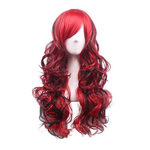 Pengruizhi 28" Long Curly Multicolor Wig for Women Red and Black Cosplay Synthetic Wig with Bangs(Red mix Black)