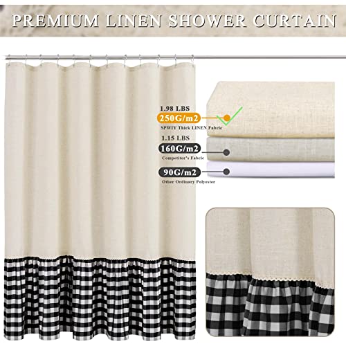 Linen Ruffle Farmhouse Beige Shower Curtain Set For Bathroom, Texturted Natural Linen Blend Fabric Shower Curtain Vintage Country Style Black Plaid Ruffle Shower Curtain Elegant Beige Bath Curtain #TOP4