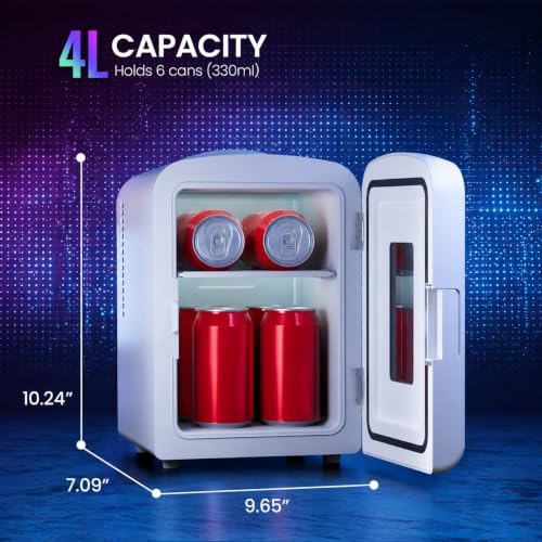 Image of Electactic 4L Mini Fridge for Bedroom with LED Gaming Light, 110V AC /12V DC Mini Refrigerator for Home and Car, 6-Can Portable Fridge for Car,Gaming Room,Dorm,Food,Drinks,Cosmetics and Skincare,White