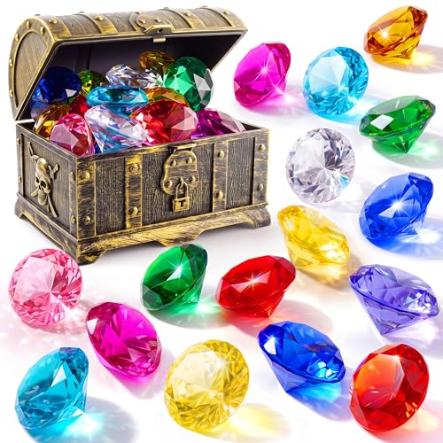 Sloosh Diving Gems Pool Toys 16 Big Colorful Diamond with Pirate Treasure Chest Swim Dive Toy for Kids Underwater Gemstone Swimming Training Gift Water Pool Games(Gold)