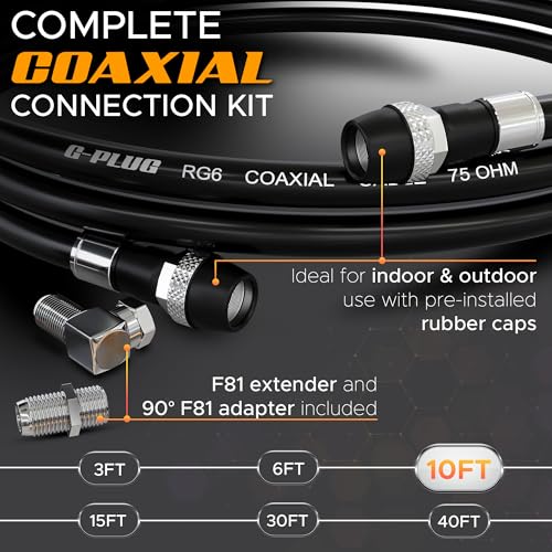 Image of G-PLUG RG6 Coaxial Cable 10FT - Triple Shielded, Waterproof, 75 Ohm with F-Type Connectors, High-Performance for HDTV, Satellite, Internet, Indoor /Outdoor Use