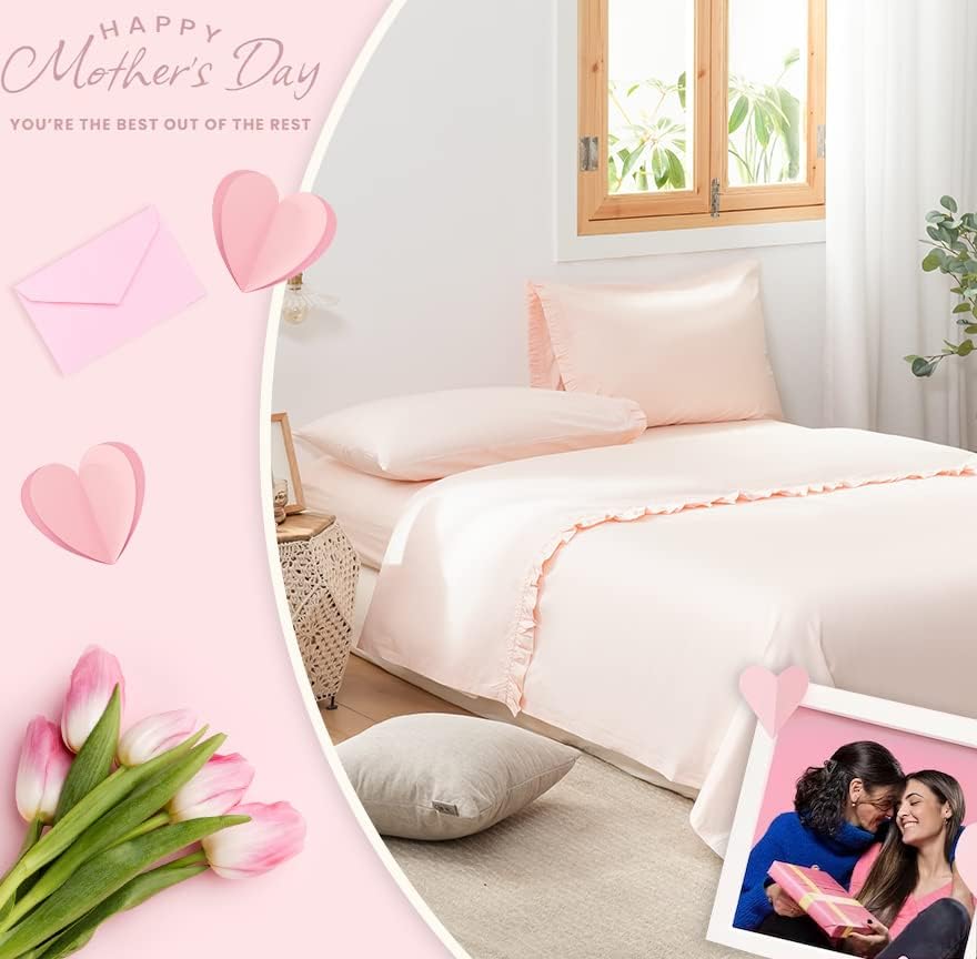 Simple&Opulence 100% Cotton Bed Sheet Set-4 PieceSoft Bedding -Queen Size Sheet Set with Fitted Sheet with 15" Deep Pocket,1 Flat Sheet and 2 Ruffled Pillow Cases(Blush Pink)