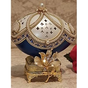 Sapphire Blue Faberge Egg Jewelry Box Flower ONLYONE Unique Gift for Bride Engagement Gift Fiance Wedding Gift Idea Russian Faberge egg style 24k GOLD 3ct Floral Music box for women & Bracelet for her