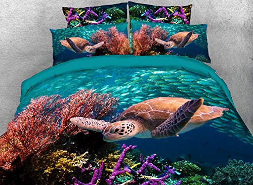 Qucover Blue Ocean Comforter Set 3D Sea Turtle 3Pcs(1 Comforter & 2 Pillowcases) for Boy Girl Teen Kid Queen