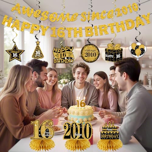 Image of Kuxriox 11Pcs 16th Birthday Decorations Kit for Boys Girls, Black Gold Happy 16th Birthday Banner, Awesome Since 2010 Centerpieces Swirls Party Supplies, 16 Bday Banner Ceiling Table Topper Sign