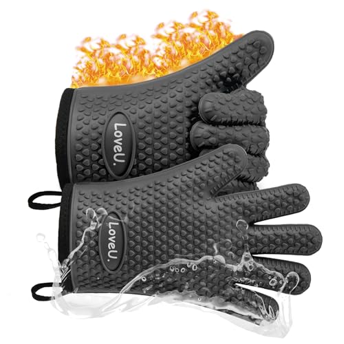 Image of Kitchen Oven Gloves - Dual-Layer Heat Resistant Grilling Gloves, Silicone Oven Mitts with 5 Fingers, Waterproof Non-Slip Pot Holder for Barbecue, Cooking, Baking (Black)