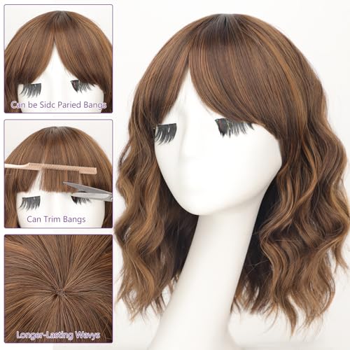 Image of AISI HAIR Synthetic Wavy Curly Bob Wig with Bangs Brown Highlight Short Hair for Women Synthetic Heat Resistant Bob Wigs