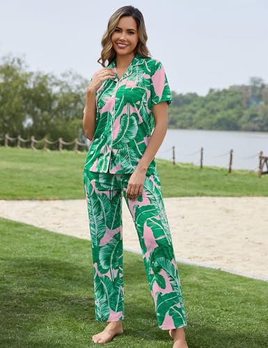 Image of SWOMOG Women Pajama Sets Two-Piece Nightwear Short Sleeve Sleepwear Button Down Pj Lounge Sets with Long Pants