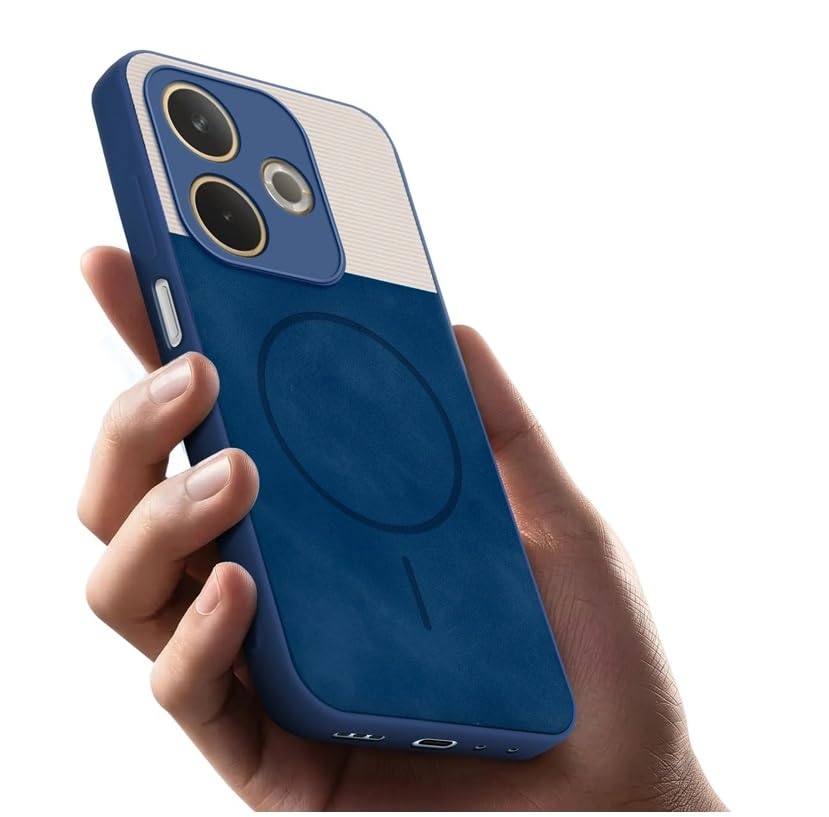 Image of Bintage CASE Dual-Leather Mac Safe Design Phone Case| Soft Touch Finish | Full Camera Protectection Back Cover Compatible for REDMI 13 5G / Poco M6 Plus - White & Royal Blue