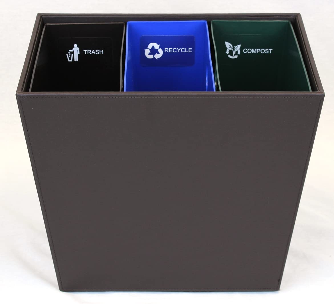 Hospitality Source Triple Chamber Cordoba Brown Leatherette Recycling & Trash Waste Bin (Triple Liner)