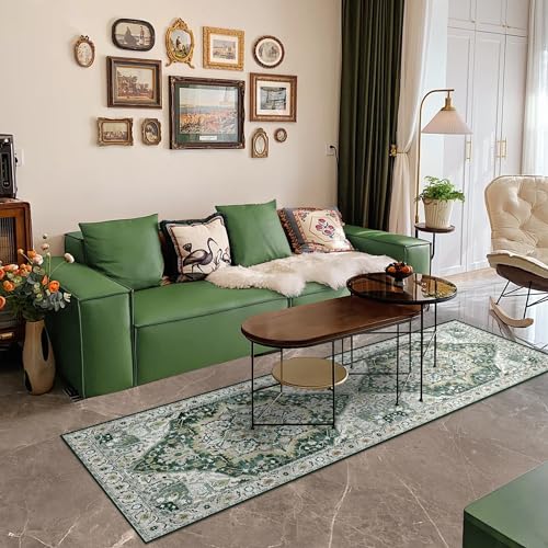 Deerly Runner Rug 3x8 Washable Vintage Area Rugs for Hallway Bohemian Non-Slip Low-Pile Floor Carpet for Kitchen Bathroom Bedroom Dining Room, Green//Multi