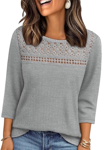 3/4 Length Sleeve Womens Tops Boho Lace Blouses Dressy Casual Early Fall Fashion Clothing Beach Vacation Clothes Plus Size Waffle Knit Shirts Grey XL