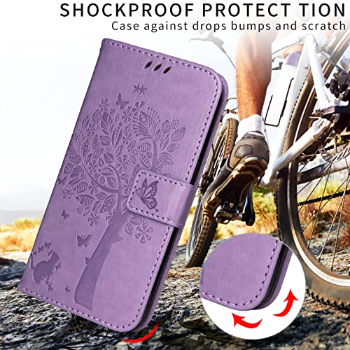 Samsung Galaxy A14 5G Wallet Case - Embossed Love Tree Cat, PU Leather Flip Cover with Wrist Strap, Card Holder & Kickstand - Light Purple