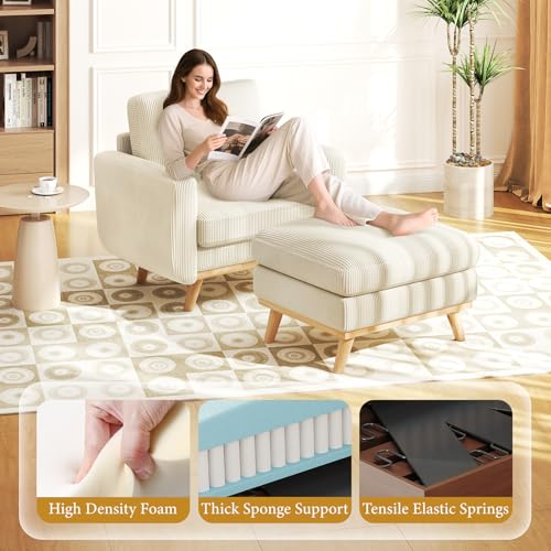 Image of Vesgantti 38.5 inch Accent Chair with Movable Ottoman, Comfy Corduroy Armchair with Spring Cushion, Reading Chair with Ottoman, Modern Single Sofa for Living Room, Bedroom and Apartment, Beige