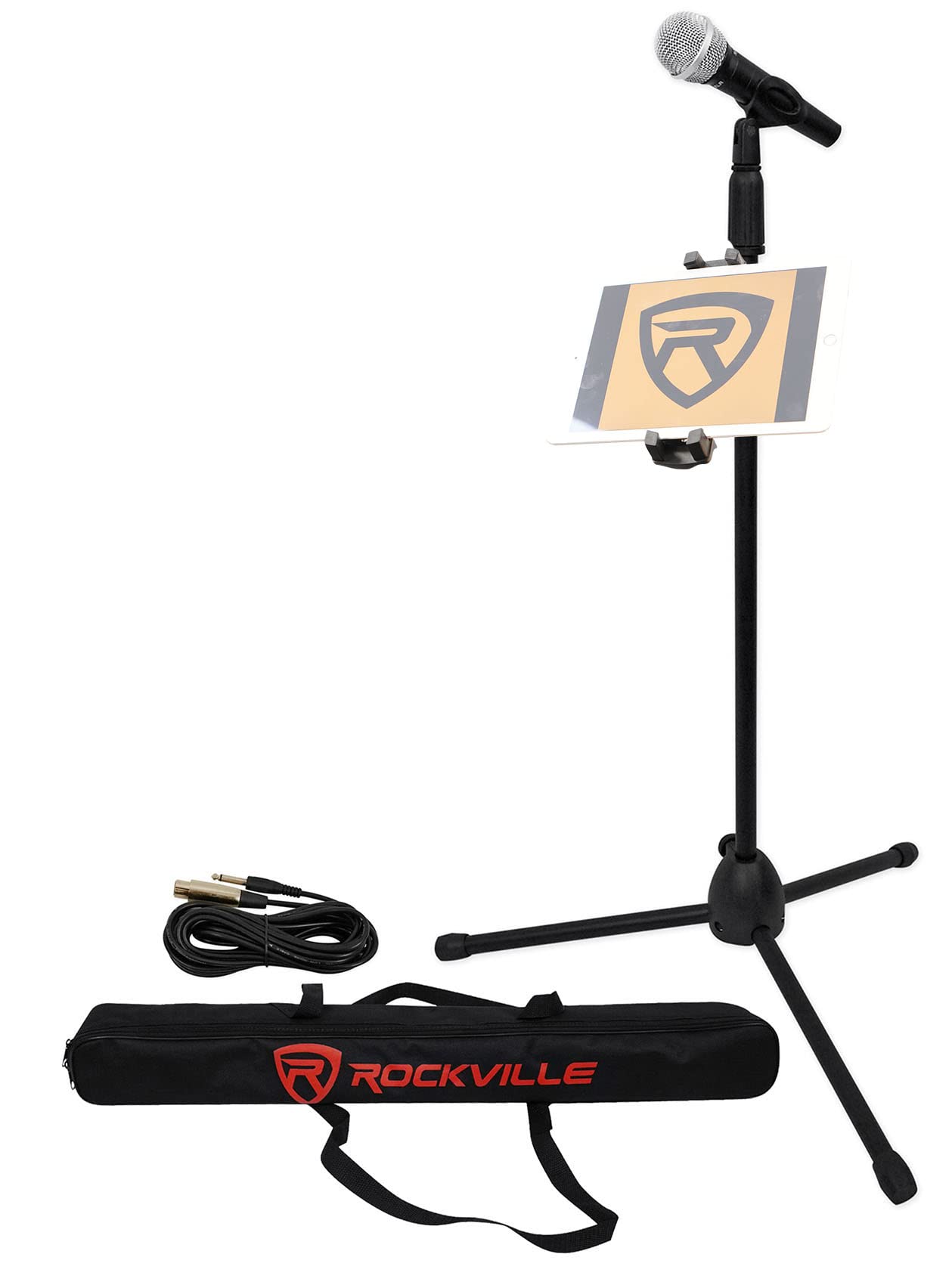 (1) Rockville Pro MIc Kit 1 - High-End Metal Microphone+Mic Stand+Carry Bag+Cable Bundle with (1) Rockville iStand 44 iPad/iPhone/Smartphone/Tablet Mount-Clamps to Any Stand/Desk (2 Items)