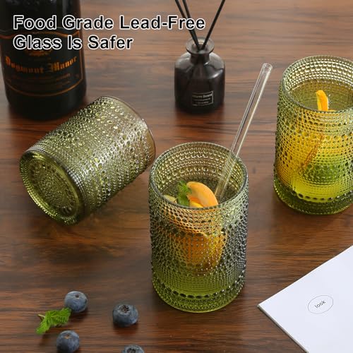 Image of ZMOWIPDL Drinking Glasses Set of 12,Green 12oz & 15oz Hobnail Glass Cups | Vintage Glassware,Embossed Water Tumbler,for Beer,Cocktail,Whiskey,Juice and Various Mixed Drinks- 1 Cleaning Brush