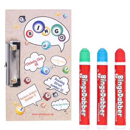 evelay Bingo Board & 3 Coloured Dabbers Clasp Clip Small Lucky Clip Board Colourful