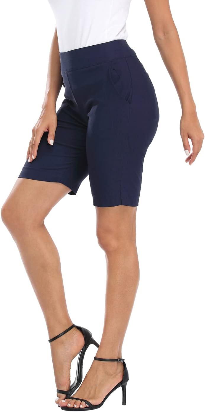 HDE Women's Pull On Bermuda Shorts Mid Rise 10" Inseam Shorts with Pockets - Image 2