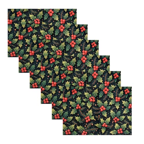 Image of Dining Table Mats Set of 6 - Cherry Christmas Leaves Theme,Digital Print, Washable, Indoor /Outdoor, Heat-Proof, Wipe & Clean (47X33 cm) Red & Green