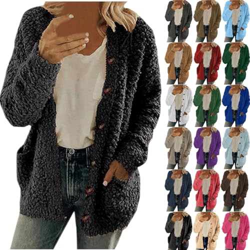 Women's Fuzzy Fleece Cardigans Sweaters Casual Solid Color Button Sherpa Plush Jacket Coat with Pockets