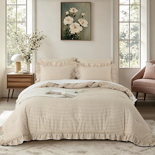 Image of Cupocupa Gingham Ruffle Comforter Set King - 3 Piece Tan Checkered Bedding Set - Aesthetic Cottagecore Ruffled Farmhouse Comforter with 2 Pillow Shams - Soft, Lightweight All Season Bedding