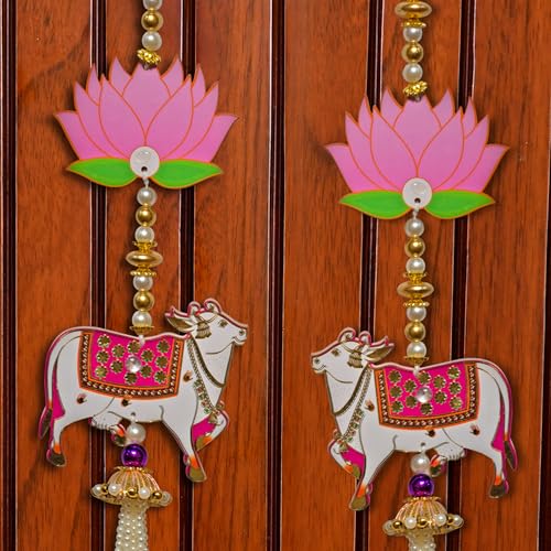 Image of CraftVatika Pichwai Cow with Lotus Wall Hanging Latkan for Door Wall Decoration, Diwali Decor Items, Diwali Decoration for Home, Festival Decorations Items, Pichwai Cow Hanging- 15 Inch,1 Pair