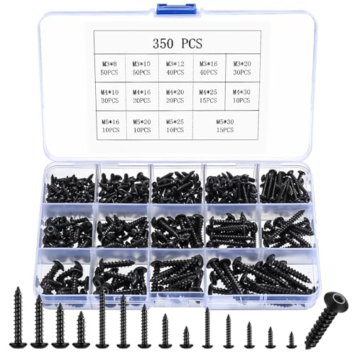 350 Stück M3 M4 M5 selbstschneidende Schrauben, Holzschrauben Sortiment, Blechschrauben Innensechskantschrauben, Linsenkopf schwarze Schrauben Set für Reparatu Holz Möbel Kunststoff (350)