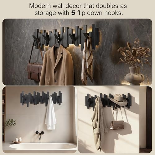 Coat-Rack-Wall-Mount-Piano-Flip-Down-Wall-Hook-Rack-5-Hooks-Oak-Natural-Wood-Handmade-Unique-Hanger-for-Coats-Bag-Hat-Umbrella-key-Wall-Art-In-the-foyer-living-room-bedroom-bathroom-office