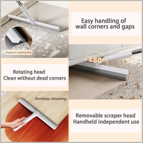 Image of Bathroom Floor Squeegee - Rotating Lock Handle with Dual Rubber Blades - Shower /Window Water Remover for Tile & Glass - Hair Catcher Cleaning Tool. (White,12.99 * 1.06 * 46.46inch)