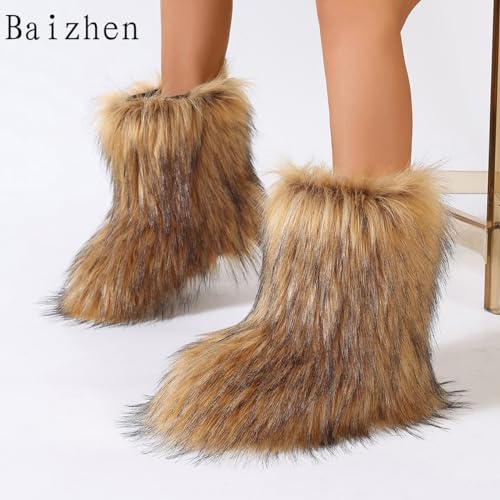 Women's Faux Fur Boots Furry Mid Calf Fur Boots Comfortable Outdoor Flat Shoes Winter Warm Plush Surface Snow Boots2