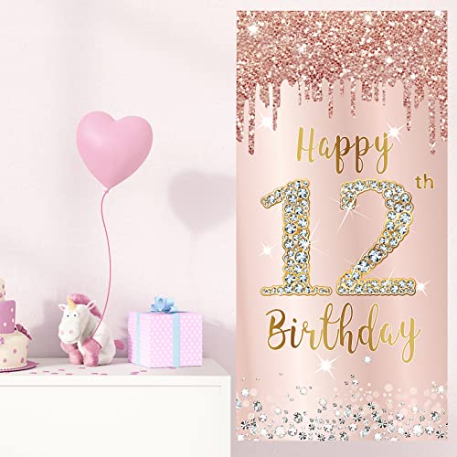 Image of 12th Birthday Door Banner Decorations for Girls, Pink Rose Gold Happy 12 Birthday Sign Door Cover Backdrop Party Supplies, Large 12 Year Old Birthday Poster Background Photo Booth Props Party Decor