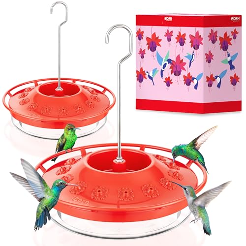 iBorn Hummingbird Feeders for Outdoors Hanging,Bee Proof Hummingbird Feeder with 14 Feeding Ports,13 OZ Saucer Humming Bird Feeders with Ant Moat,Ant Proof No Leak,Easy to Clean and Refill,2 Pack,Red