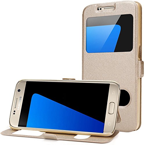 ISUDA Custodia Samsung Galaxy s7,PU Custodia in Pelle Finestra di visualizzazione con Chiusura Protettiva Cover Case Magnetica per Samsung Galaxy s7 (Samsung Galaxy S7, d'oro)