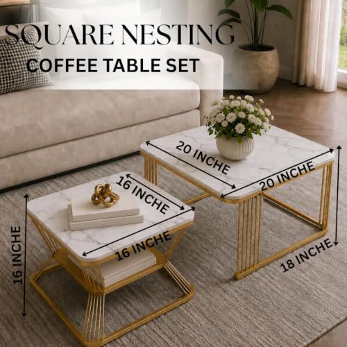 Image of Brown Art Shoppee Set of 2 Modern Coffee Tables with Marble Finish Top, Metal Frame, Nesting Center Table & End Table for Living Room Home Decor (Black & Grey)