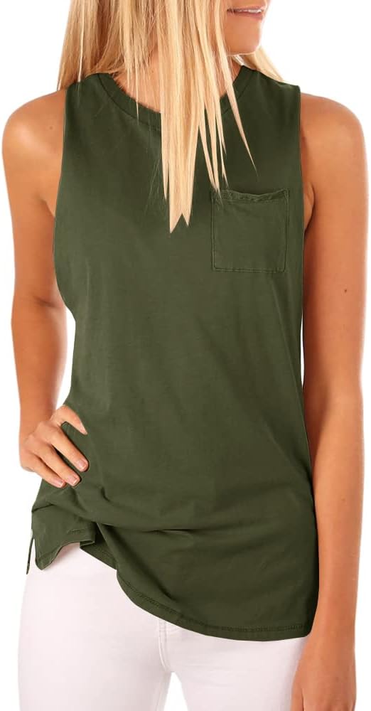 MafulusWomen's High Neck Tank Top Sleeveless Blouse Plain T Shirts Pocket Cami Summer Tops