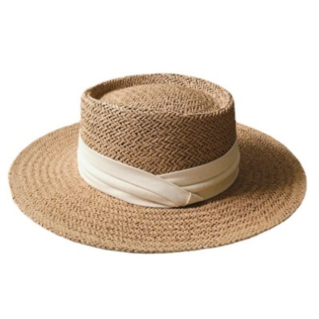 Sonnenhut Sonnenhüte Hohler Strohhut-Frauen-Sommer-Sonnenschutz-Strand-Hut-Sonnenschutz-Kappe Strohhut Strandmütze (Blue : White, Size : 56-58cm)