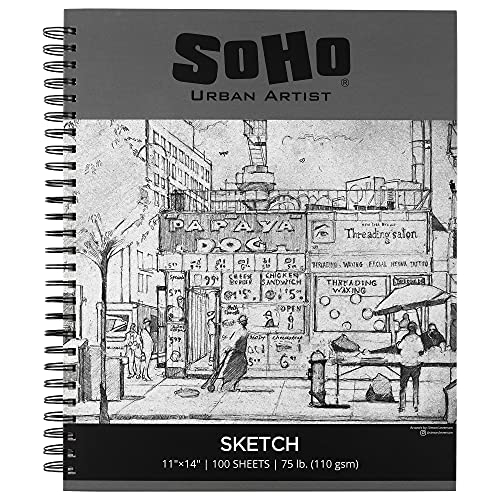 Soho Urban Artist Sketchpad (75lb/110gsm), 100 Sheets of Spiral Bound Sketch Book for Artist Pro & Amateurs, Colored Pencil, Charcoal and Graphite for Sketching, 11x14"
