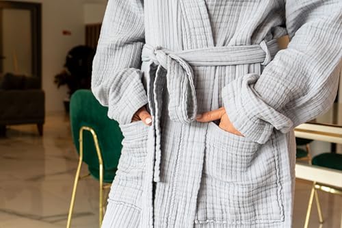Image of Muslin Unisex Bathrobe Women & Men, 100% Cotton Kimono Lightweight Robe | Long Robes Soft, Absorbent, Spa robes