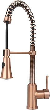 Akicon Pre-Rinse Spring Kitchen Faucet, Single Handle Solid Brass High Arc Pull Down Sprayer Head Kitchen Sink Faucet with Deck Plate Copper