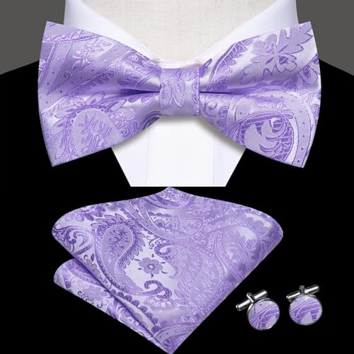 Image of Hi-Tie Bow Tie Men Pre Tied Bowtie Pocket Square Cufflinks Lapel Pin Formal Wedding Bow Ties for Men Party Tuxedo Bowtie Set,Lavender Purple Paisley Floral
