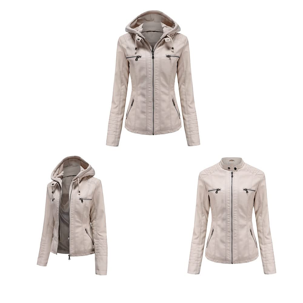 DISSA Veste biker femme en simili cuir à capuche Zip | Capuche amovible, cordons, poches poitrine zippées, poches taille zippées. Veste biker capuche, fermeture éclair