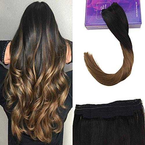 LaaVoo 16" Invisible Flip on Double Weft Hair Extension Ombre Color #1b Off Black to Color #6 Medium Brown Adjustable Fish Line Hair Extensions 80g